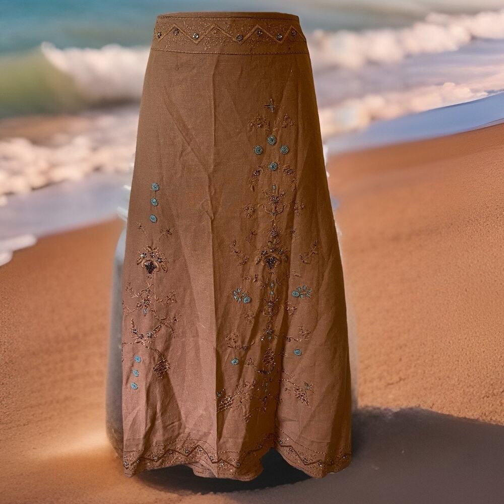 Carole Little Brown Embroidered Midi Skirt